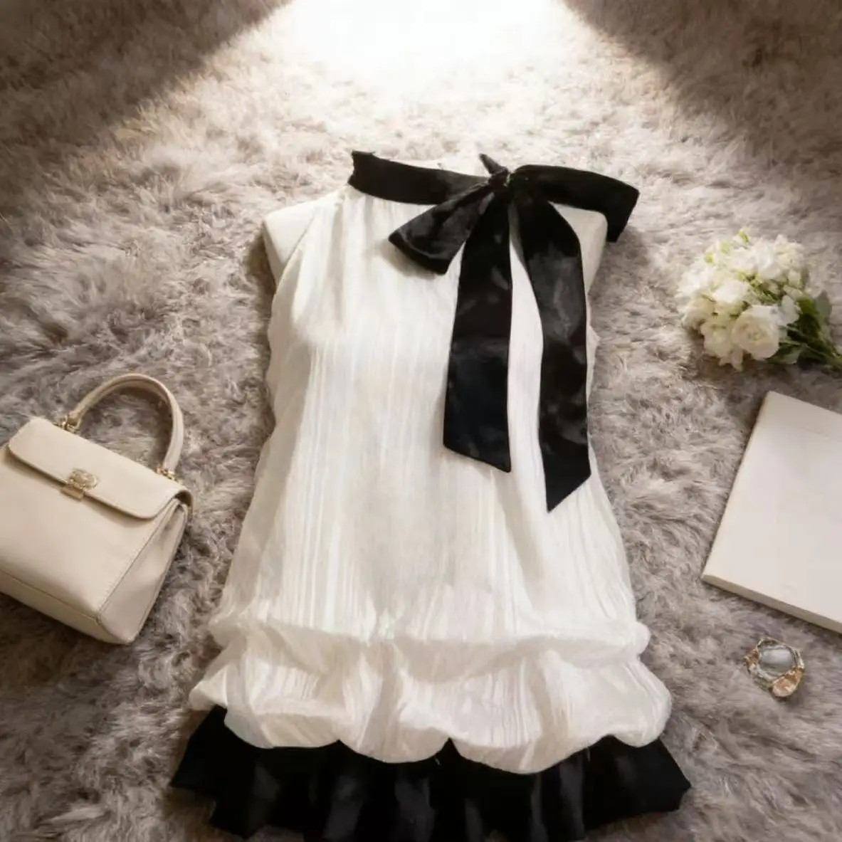 Summer A-Line Dress Women's High Waist Slim Fit Knot Neck Hanging Color Block Dress Sweet Pure Desire Style