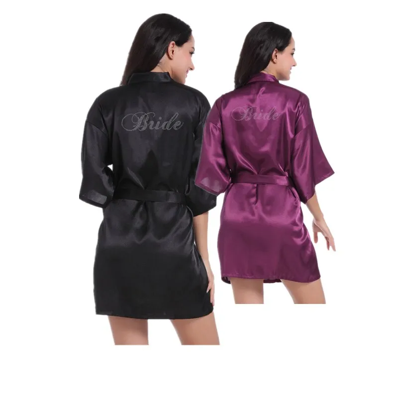 

Wholesale Bride Letter Rhinestones Women Bridesmaid Short Satin Robes for Wedding Party Getting Ready T11