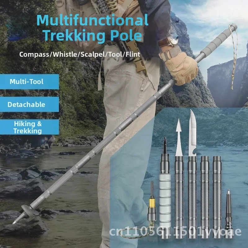 Zusammenklappbarer multifunktionaler Trekkingstock aus Aluminiumlegierung, Selbstverteidigungsstab für Outdoor-Wandern, Camping, Wandern, 5-teilig