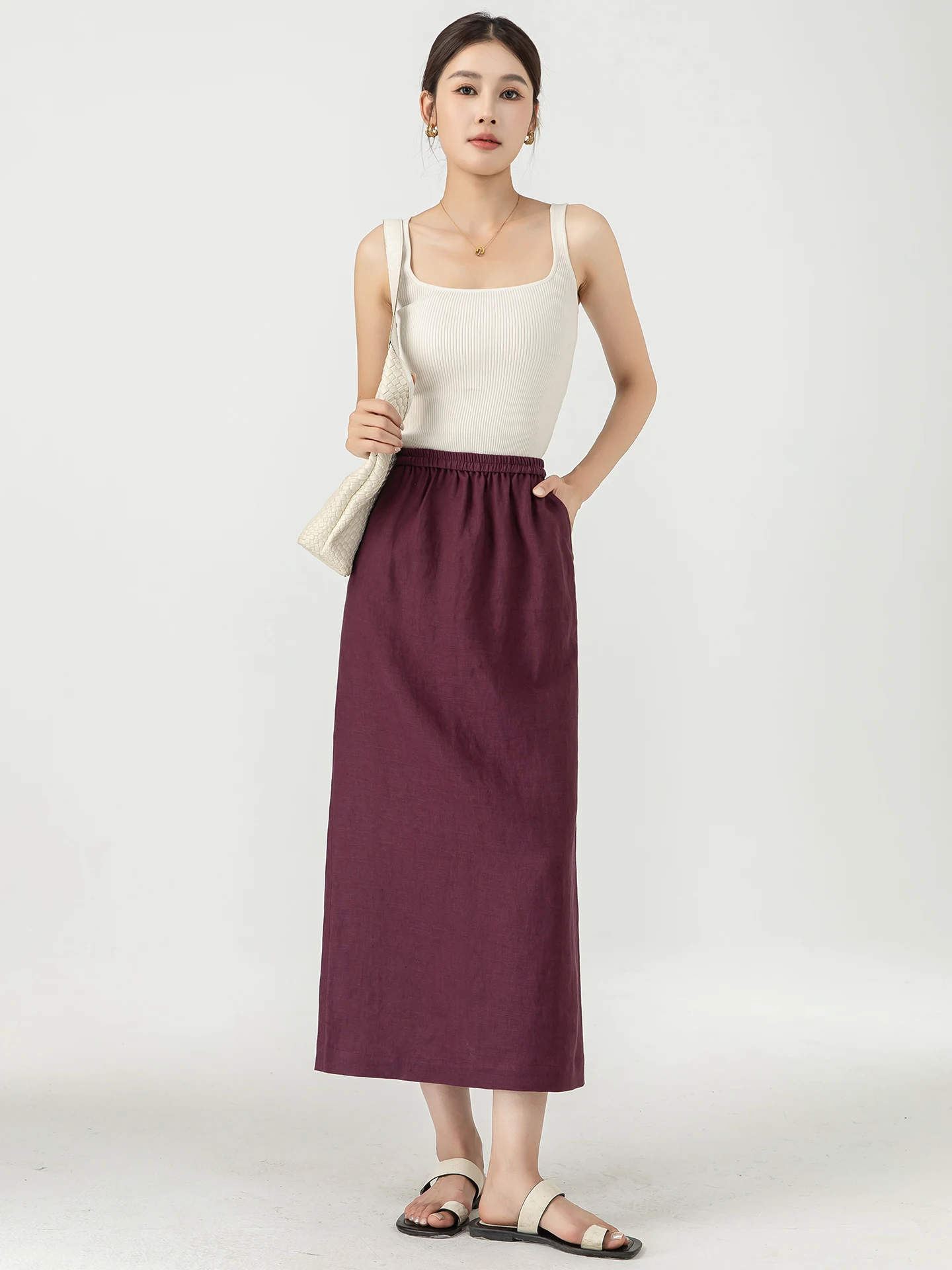 

Льняная юбка миди прямого кроя с высокой талией, на резинке, однотонная, стройнящая, скрывающая бедра, элегантная, для женщин, летняя, новая...