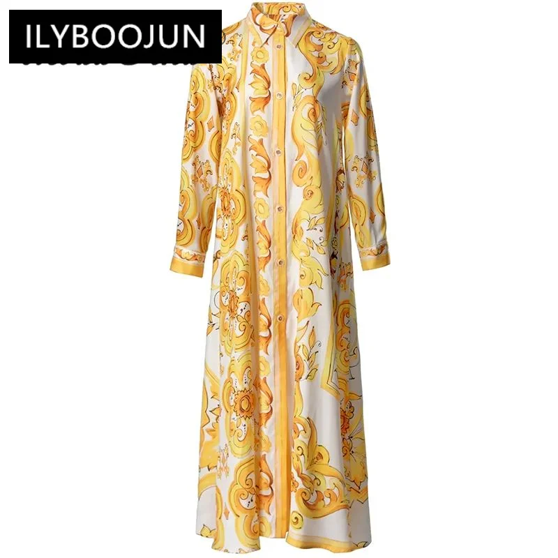 

ILYBOOJUN Summer Fashion Designer High Quality Women Dresses Bohemian Print Turn-down Collar Single Breasted Robe Dresses