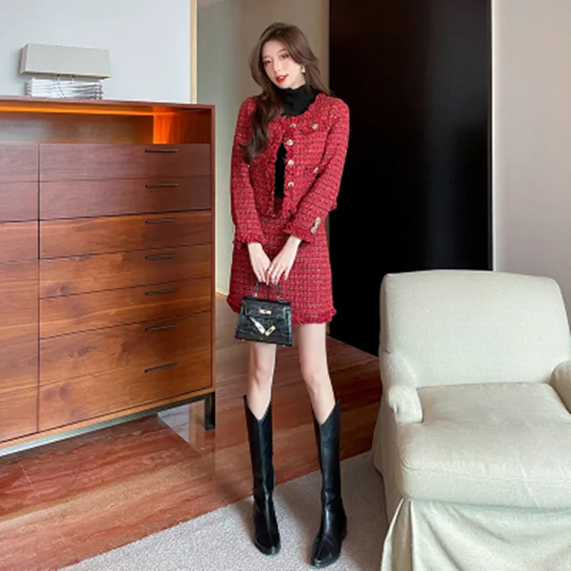 Autumn Winter Red Wool Tweed 2 Piece Set Women Golden Single Breasted Long-Sleeved Jacket Coat + Tassel Mini Skirt Suit