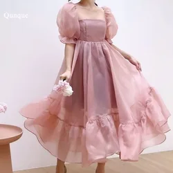 Qunque Dusty Pink Organza Prom Dresses Half Sleeves Puff Customized Graduation Party Dress Tea Length Pageant Robes De Soirée