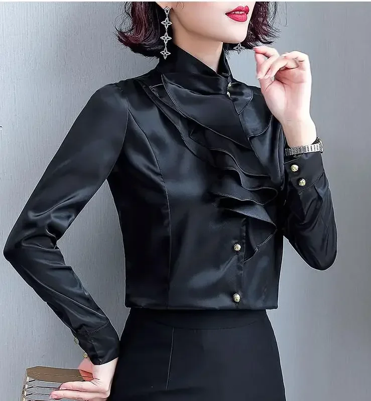 Puls Size Satin Blouse women Fashion Women Office Blouse Long Sleeve Shirt Women Work Wear Sheer shirt Women