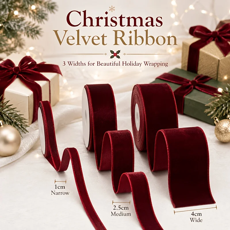 3 Rolls Burgundy Velvet Ribbon, 3 Sizes Soft Flocked Trim, Wedding Christmas Gift Box Wrapping Bow Halloween Holiday Party Decor