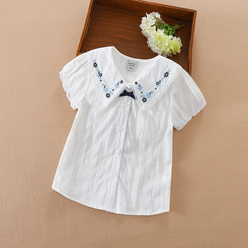 Girls Blouse Shirts Summer Short Sleeve Cotton Lovely Lace Causal White Tops Childrens High Quality Clothes