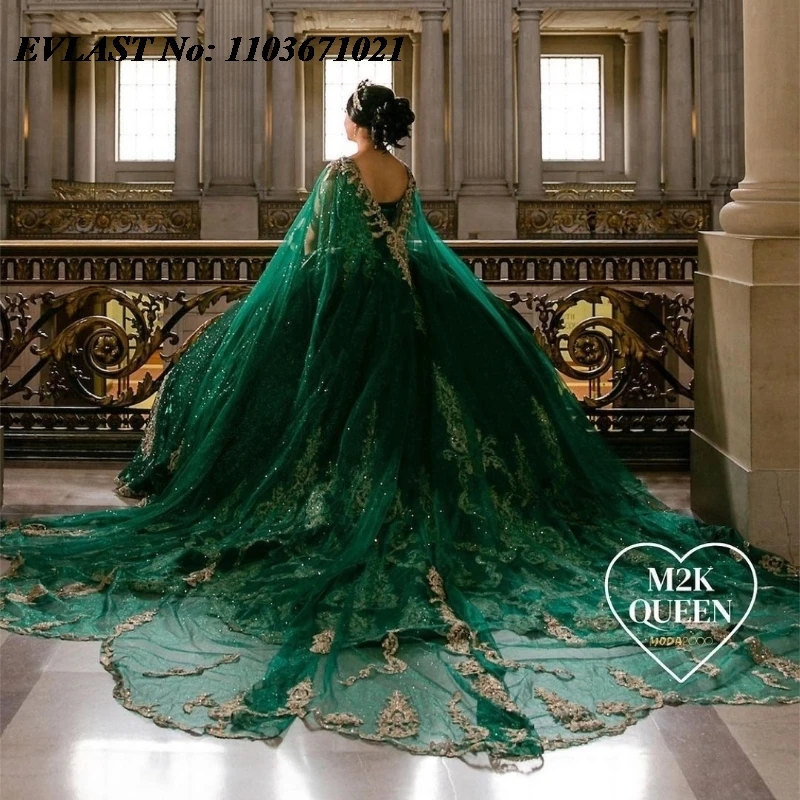 EVLAST 2024 Emerald Green Quinnceanera Dress Ball Gown Gold Lace Applique Beaded With Cape Sweet 16 Vestidos De 15 Anos SQ5268