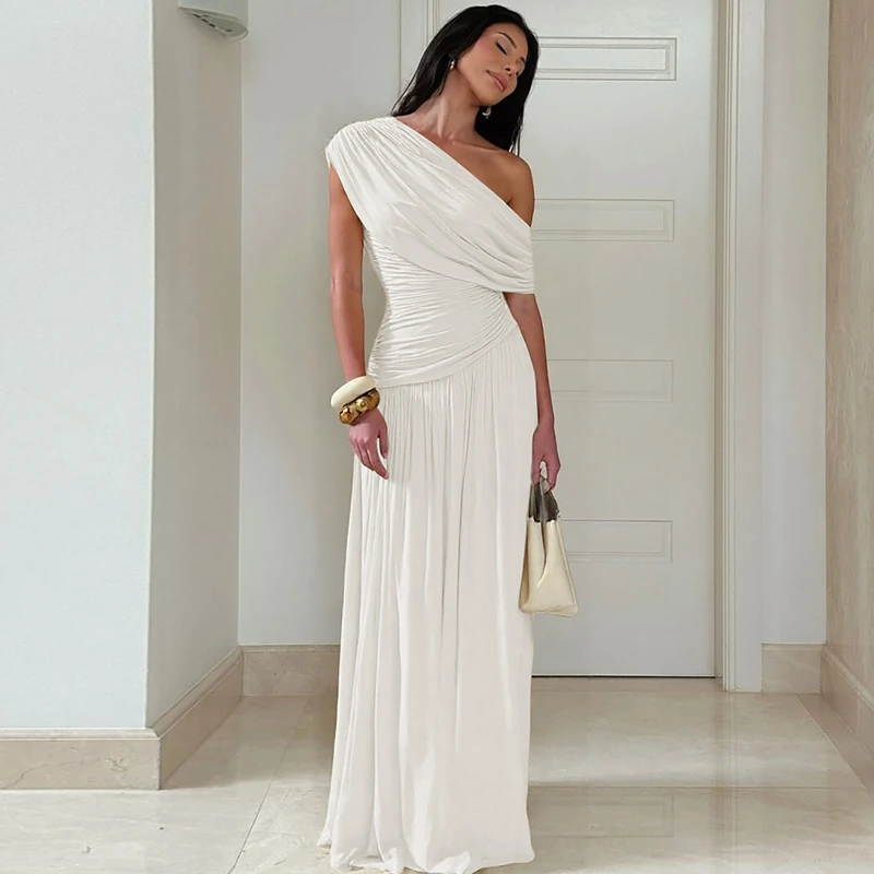 Hugcitar One Shoulder Ruched Sleeveless Solid Pleated Sexy Irregular Y2K Maxi Dress Summer Elegant Party Women Clothes Vacation