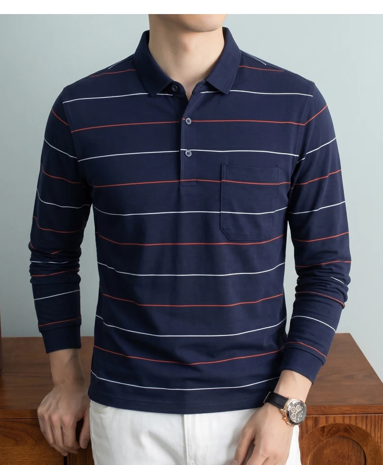 Hochwertiges gestreiftes Langarm-Poloshirt für Herren, neues Komfort-Taschendesign, Frühling/Herbst, luxuriöses Business-Casual-T-Shirt. – Detail 9