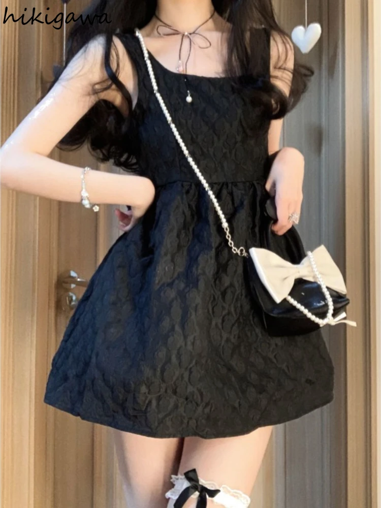 Black Woman Dress 2024 Vestidos De Mujer Bandage Bow Sleeveless Tunic Summer Robe Femme Square Collar A-line Sexy Dresses 7n927