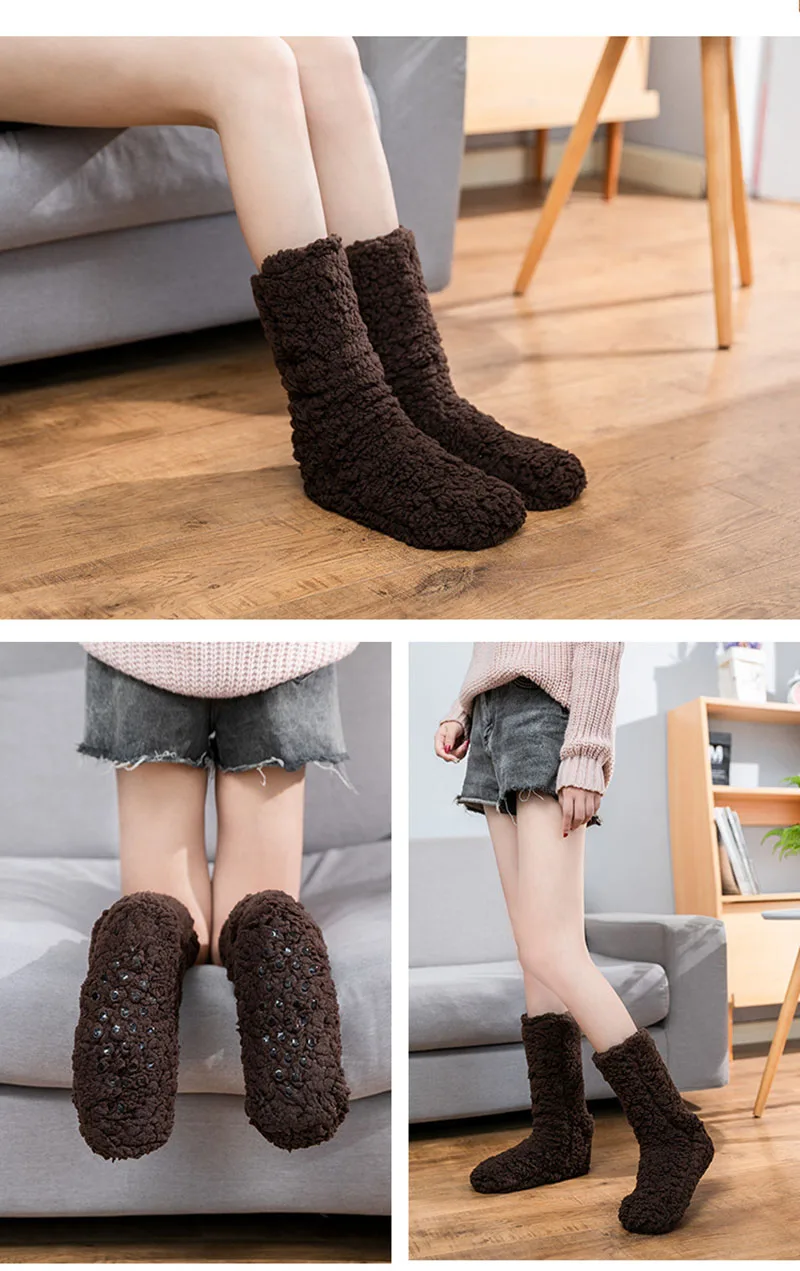 Anti-slip Silicone Floor Socks Women Autumn Winter Velvet Coral Fleece Socks Sleep Home Slippers Snow Socks Solid Color Socks