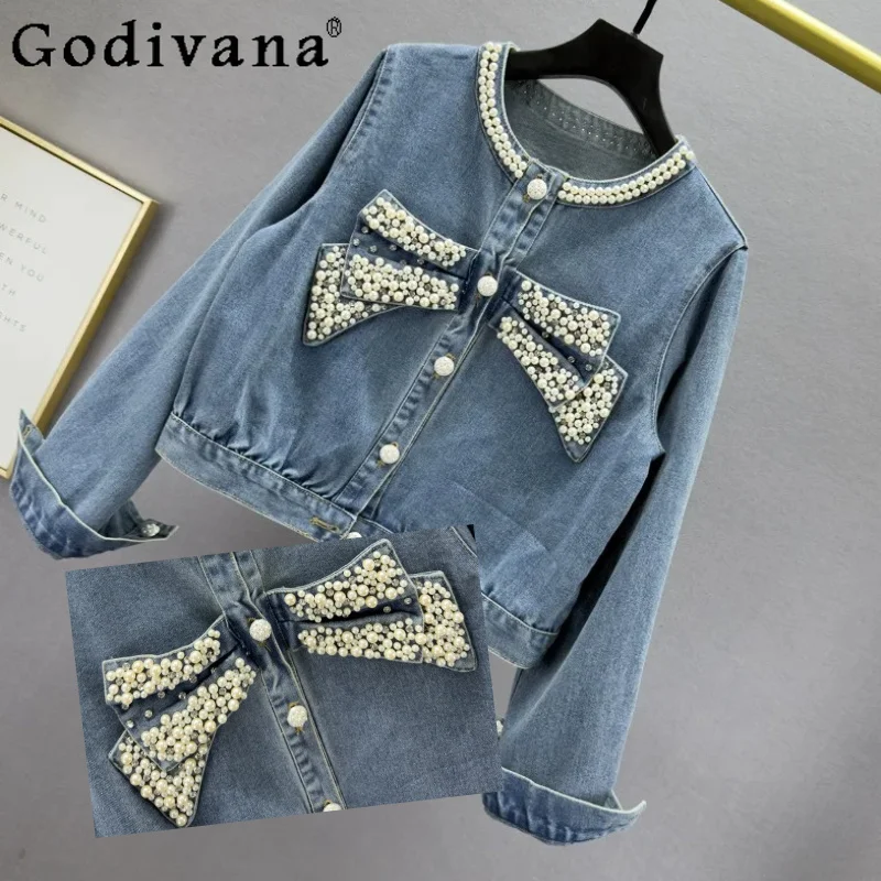 

Personalized Heavy Industry Bead Diamonds Short Blue Denim Jacket Women Spring 2026 New Slim Fit Retro Do Old Long Sleeve Coat