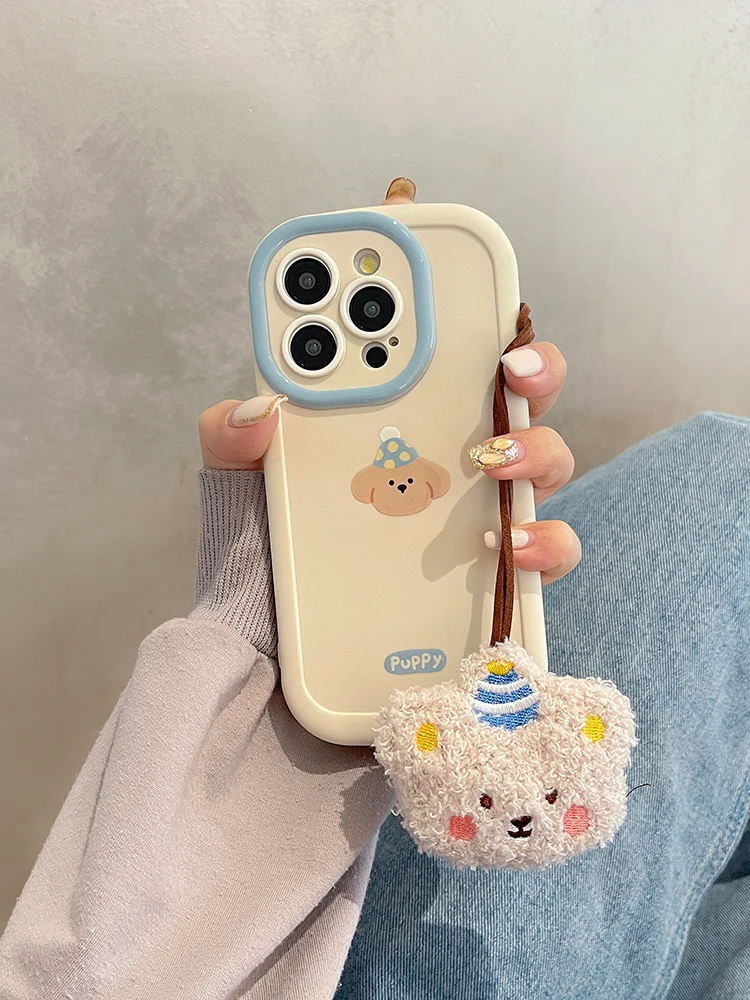 Cute Cartoon Puppy With Plush Lanyard Milk White Case For iPhone 11 12 13 14 15 Pro Max XS XR X 7 8 15 Plus Silicone Phone Cover