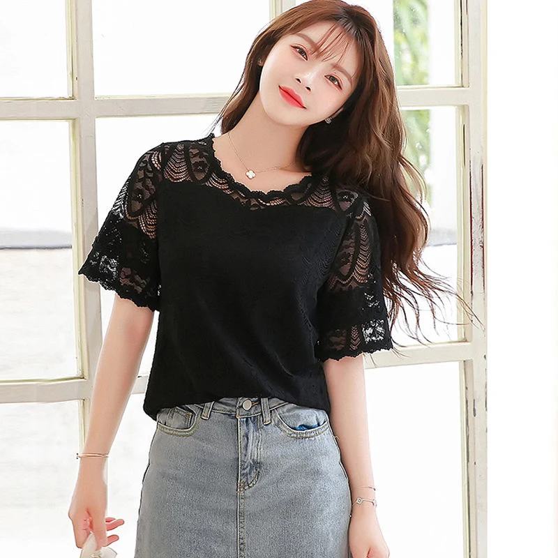 2022 Summer Fashion Fairy Sweet Sexy Lace Black White T-shirt Women Casual O Neck Short Sleeve Chic Elegant Tops Female Clothing