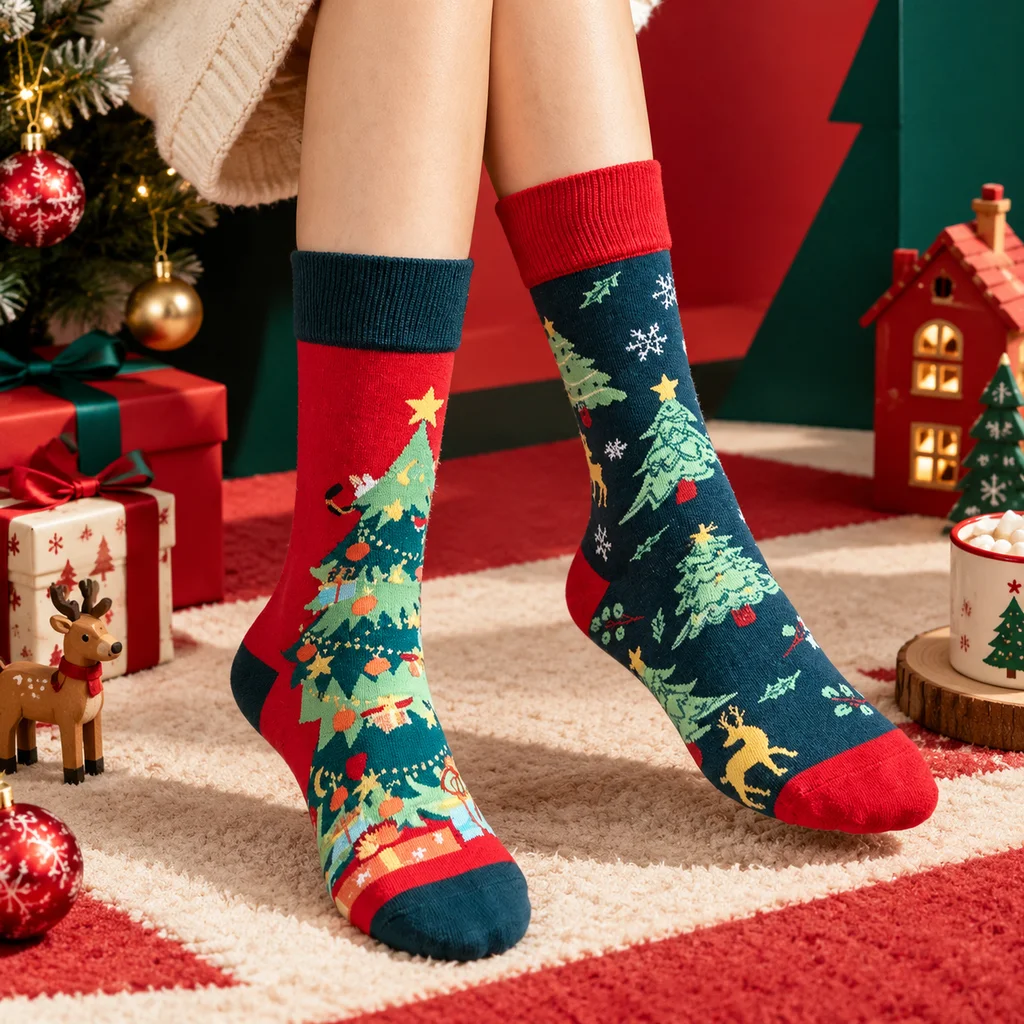 1 pair of Christmas-themed mid-calf socks with an asymmetrical Christmas tree pattern; suitable for both men and women