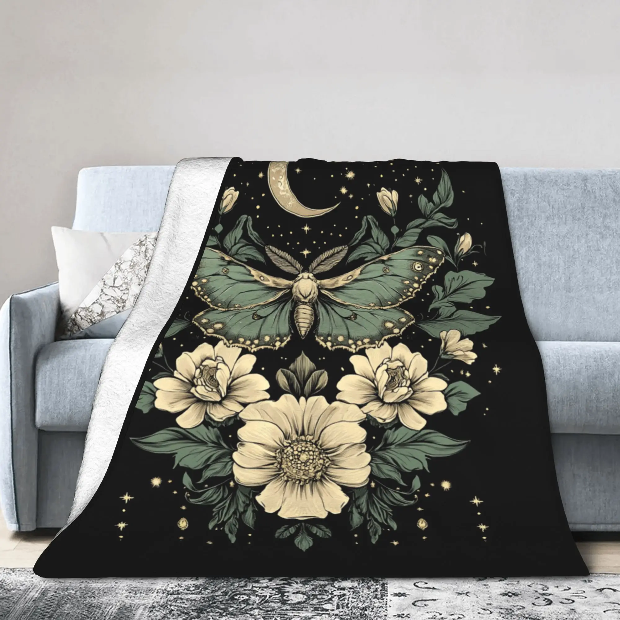 Goblincore Luna Moth Butterfly Moonphases Flannel Throw Blanket Cottagecore for Rug Piece Knitted Blanket Gift Breathable Throws