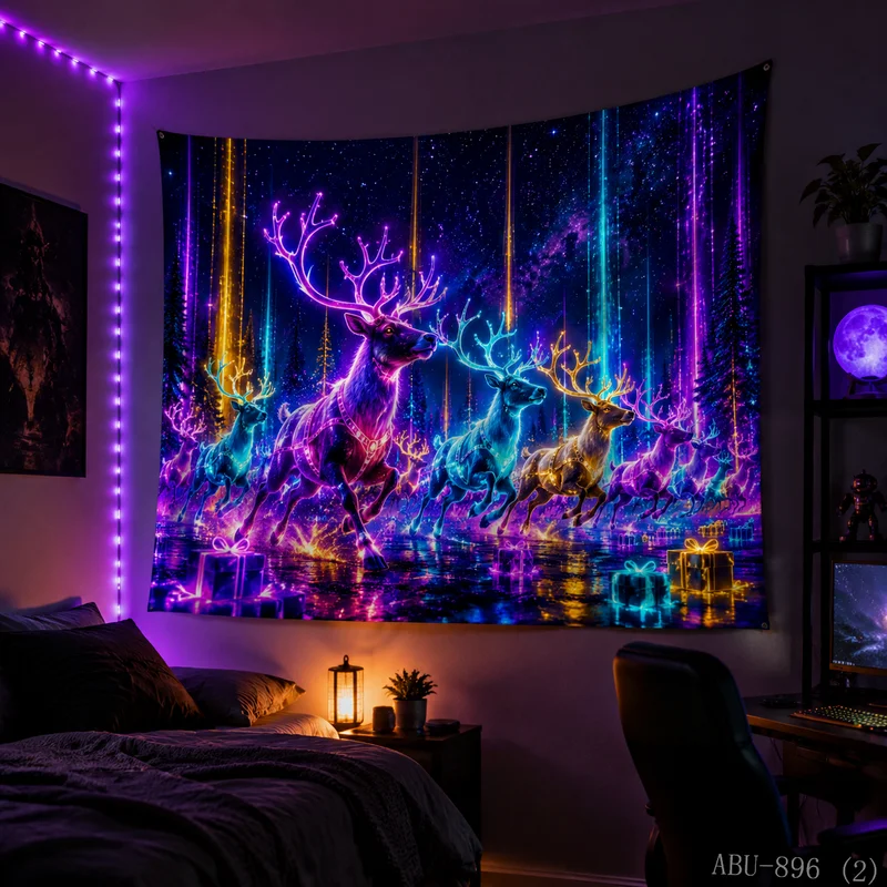 VIKAMA Neon Rainbow Reindeer Herd Running Meteor Light Gift Snowy Forest Starry Christmas Tapestry Wall Hanging Bedroom Living