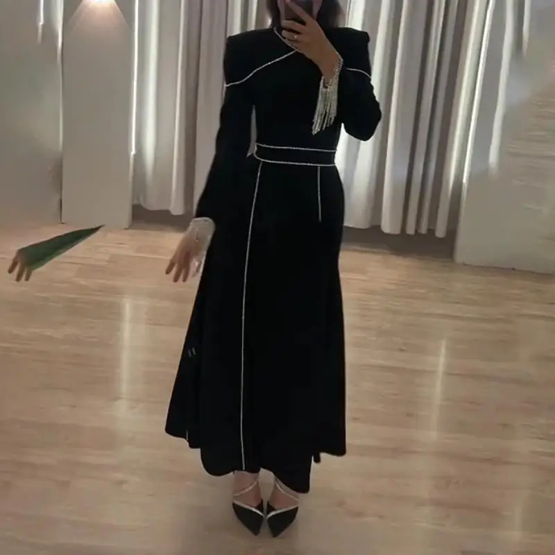 

Gogeous Black Muslim Long Sleeve Evening Dresses High Neck Beading A Line Ankle Length Women Formal Special Occasion Dress Party