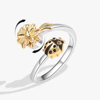 Jisensp Anti Anxiety Relaxing Woman Ring Crative Mini ladybug Flower Copper With Crystal Rotating Fidget Spinner Rings