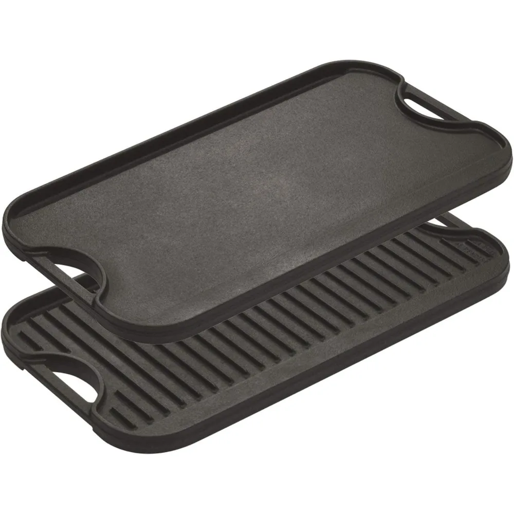20x10.5 Inch Reversible Cast Iron Grill Griddle – Pre-Seasoned, Double Burner, Non-Toxic, Flat & Ribbed