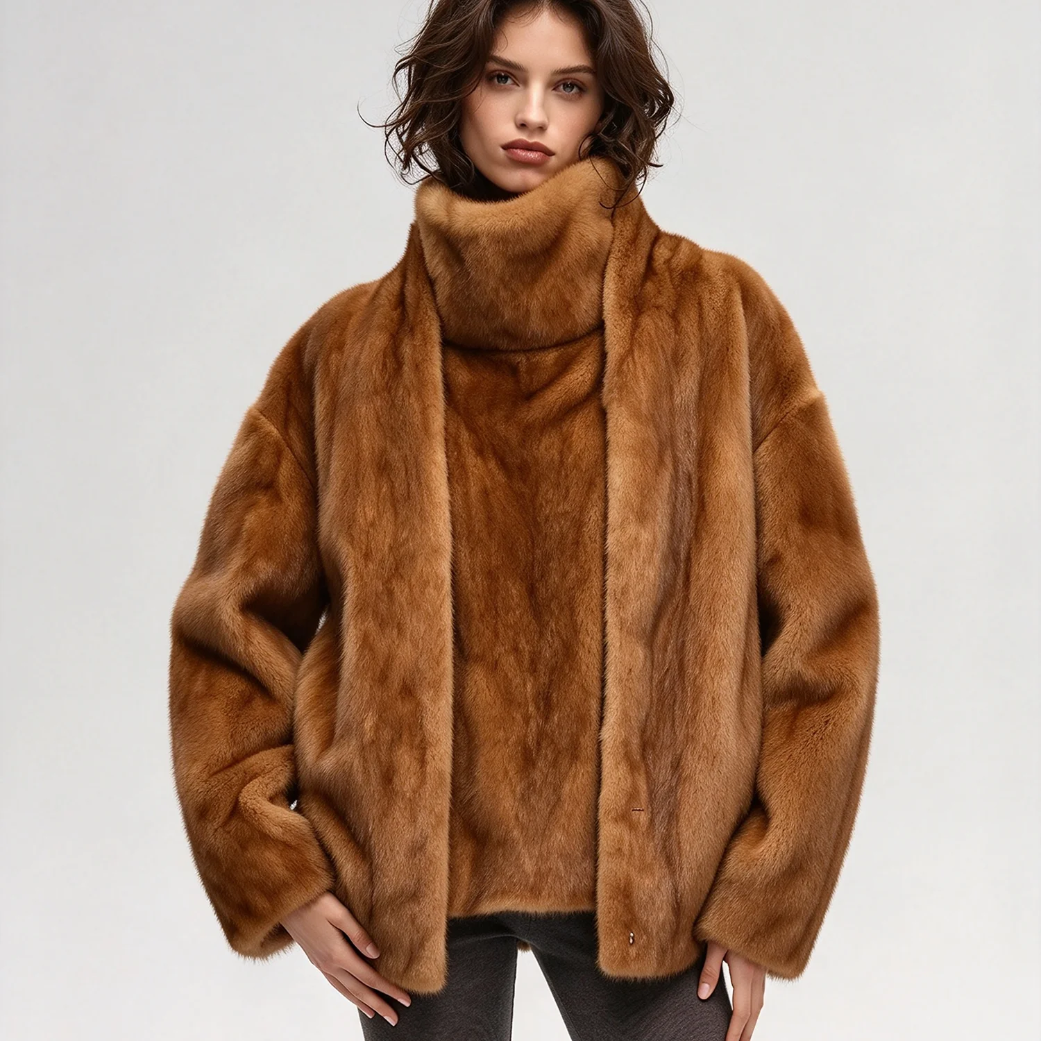 LIMO Women Faux Mink Fur Open Coat High Neck Furry Top 2 Piece Winter Outfit Set
