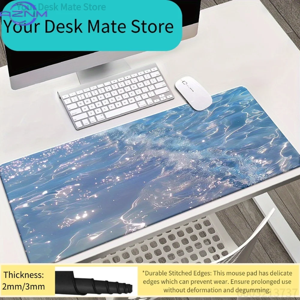 1 Large Blue Water Ripple Printed Non-Slip Stitched Edge Desk Mat for Gaming Office Home