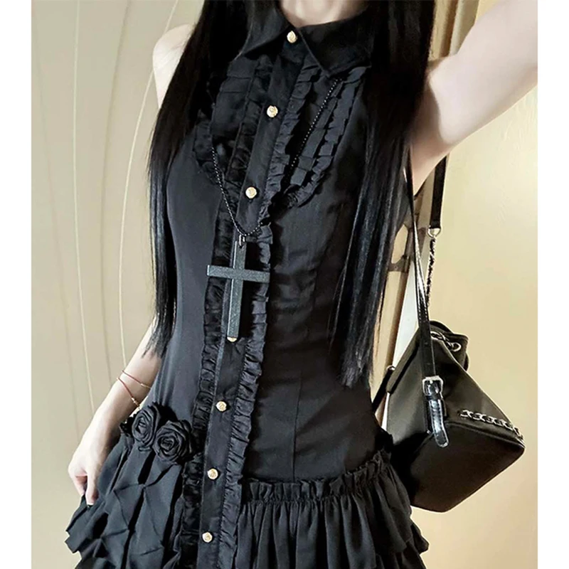 Vintage Black Mini Dress Women Y2K Harajuku Ruffles Patchwork Dresses Summer Gyaru Japanese Gothic Sleeveless Bodycon Vestidos