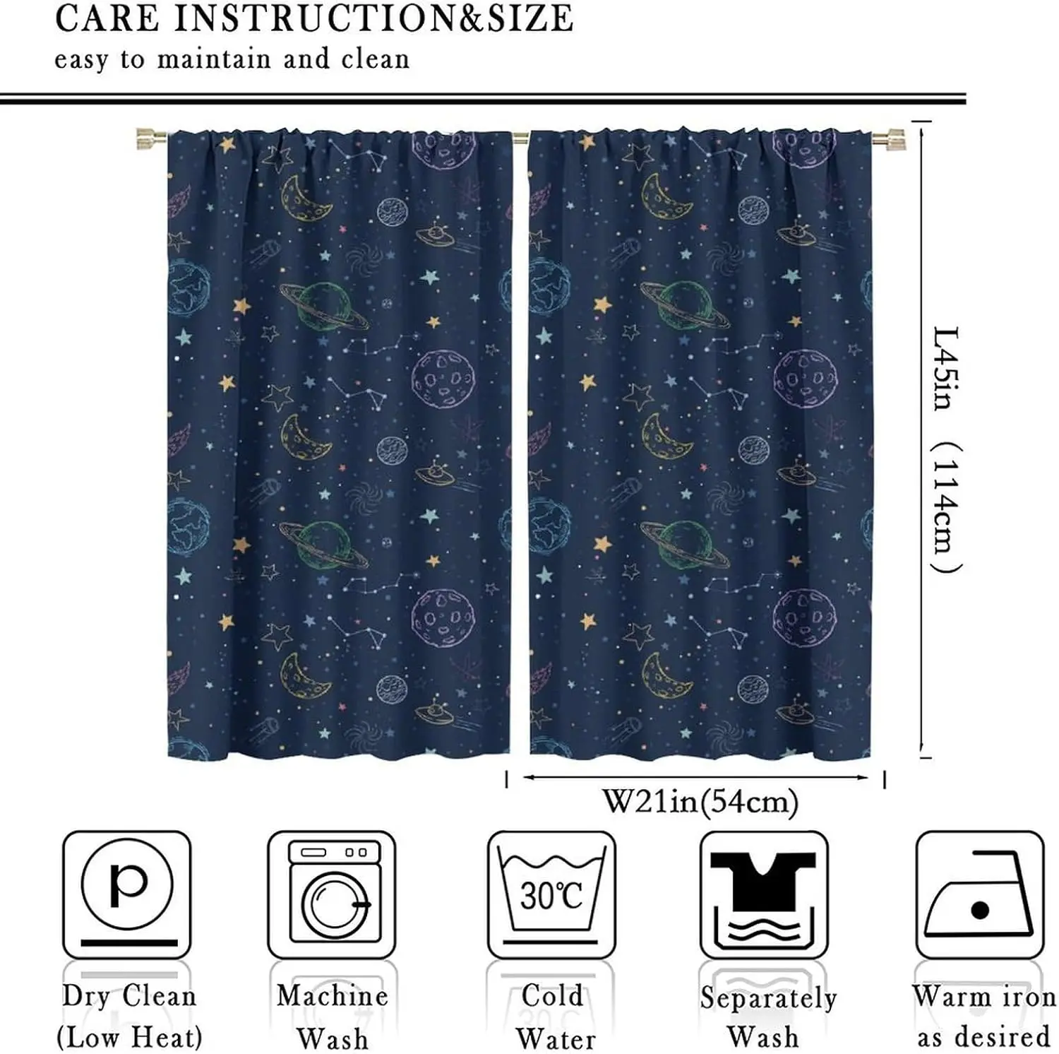 Outer Space Galaxy Curtains, Boys Kids Cartoon Universe Starry Sky Planets Moon Colorful Stars Print Window Drapes for Bedroom