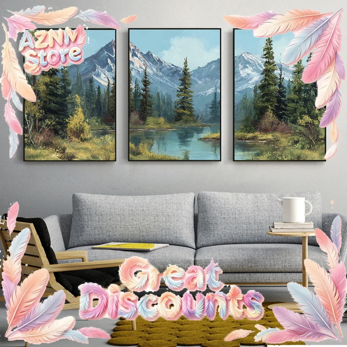 Mountain and Lake Poster Set (3 Pieces) Landscape Forest Wall Painting Canvas Print Art Poster Home Living Room Decoration