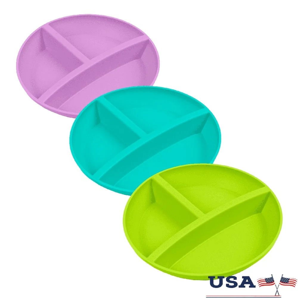 

Divided Plates Kids 3-Pack Lightweight Microwave Dishwasher Safe Toddler Plates BPA Free Portable Plastic Dinnerware