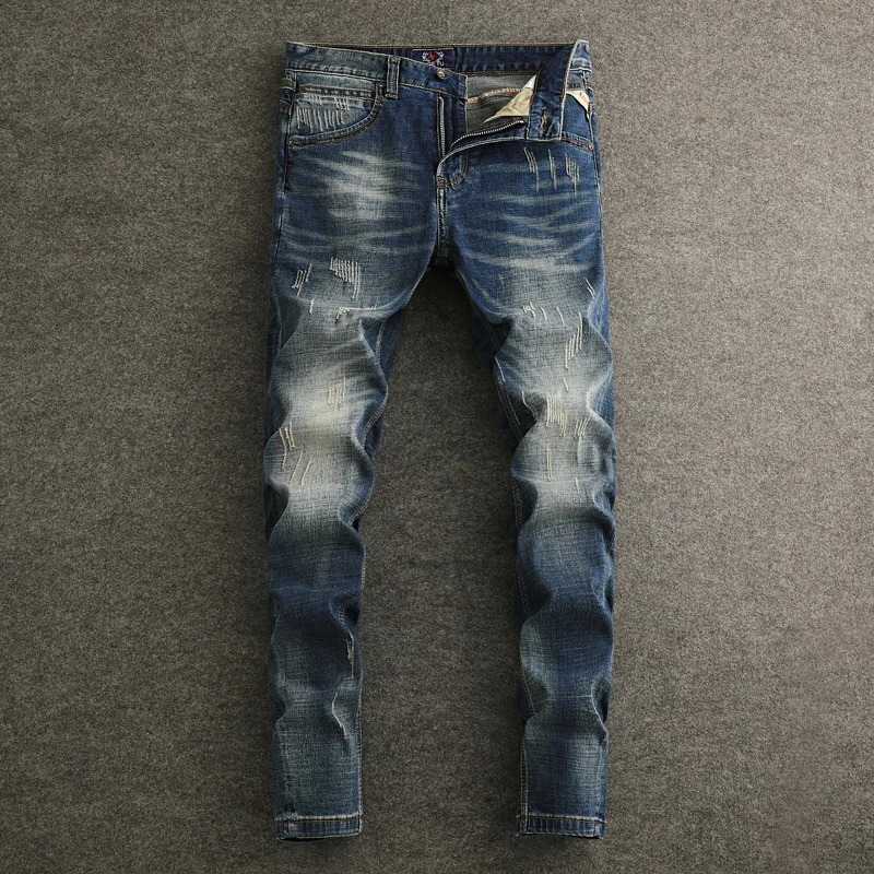 

Newly Fashion Vintage Men Jeans Retro Washed Blue Stretch Slim Fit Ripped Jeans Men Italian Style Designer Denim Pants Hombre