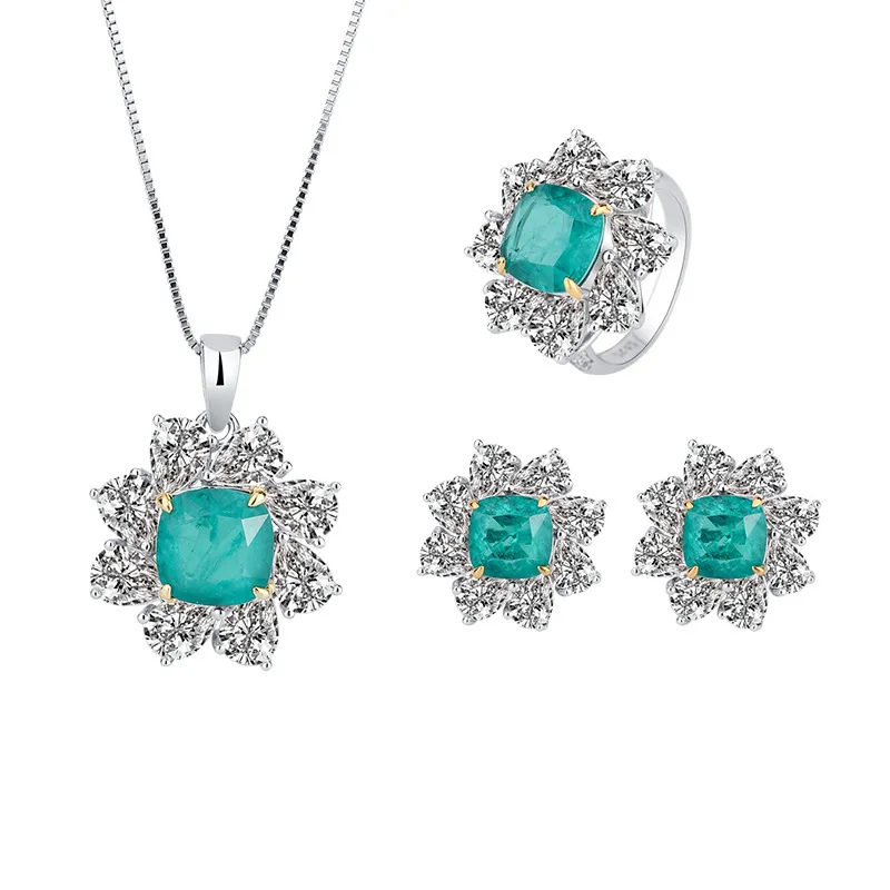 Jewelry S925 Silver Wood Emerald Green 10*10 Pendant Ring 8*8 Earring Set for Women