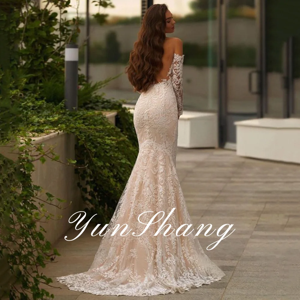 Yunshang Sexy V-Hals Trouwjurk Lange Mouw Kant Appliques Strand Zeemeermin Bruid Jurk Rugloze Tule Sweep Trein Robe De Mariée