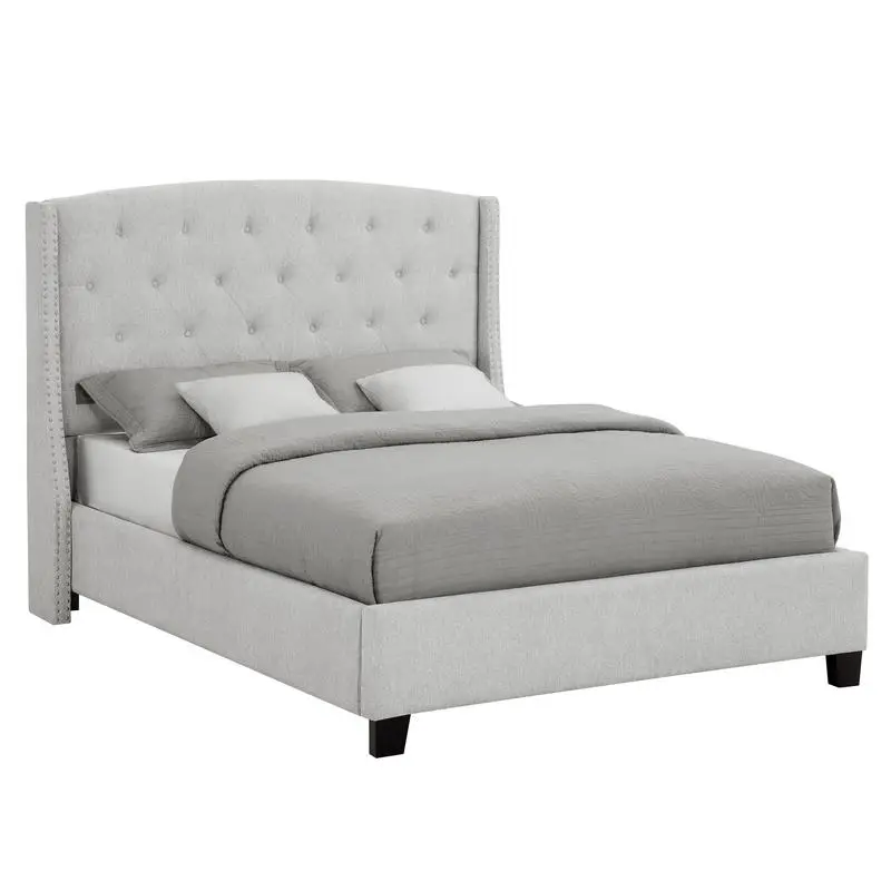 Queen Size Upholstered Panel Bed with Tufted Buttons and Nailhead Trim in Dove Gray Fabric - Elegant Bedroom Furniture Set