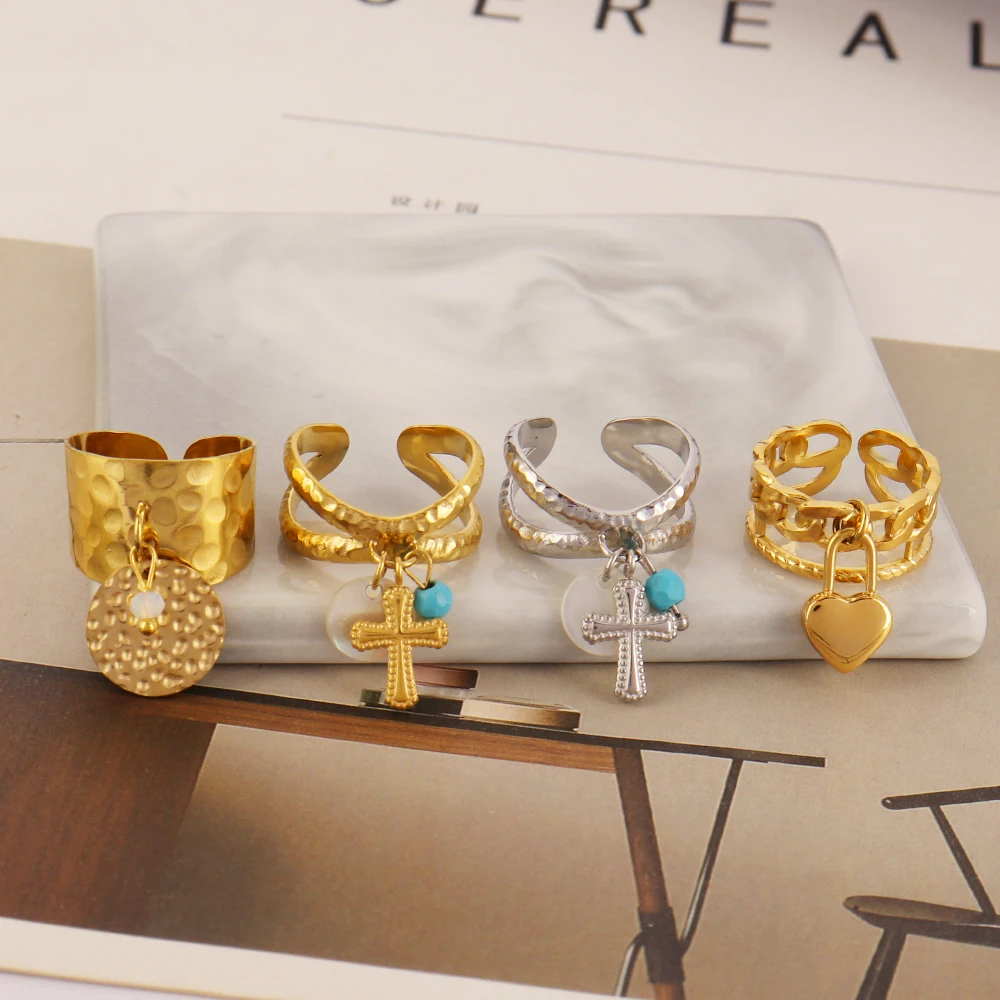316 Stainless Steel Ring Wide Ring Open Rings For Women Ring Geometry Chain Female Cross Pendant Rings Jewelry Gift Wholesale image 4