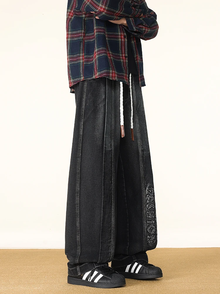 فضفاض موضة مطرزة الجينز الرجال الخريف جديد مستقيم بناطيل كاجوال مريحة واسعة الساق الشارع الشهير الذكور الدنيم السراويل #4