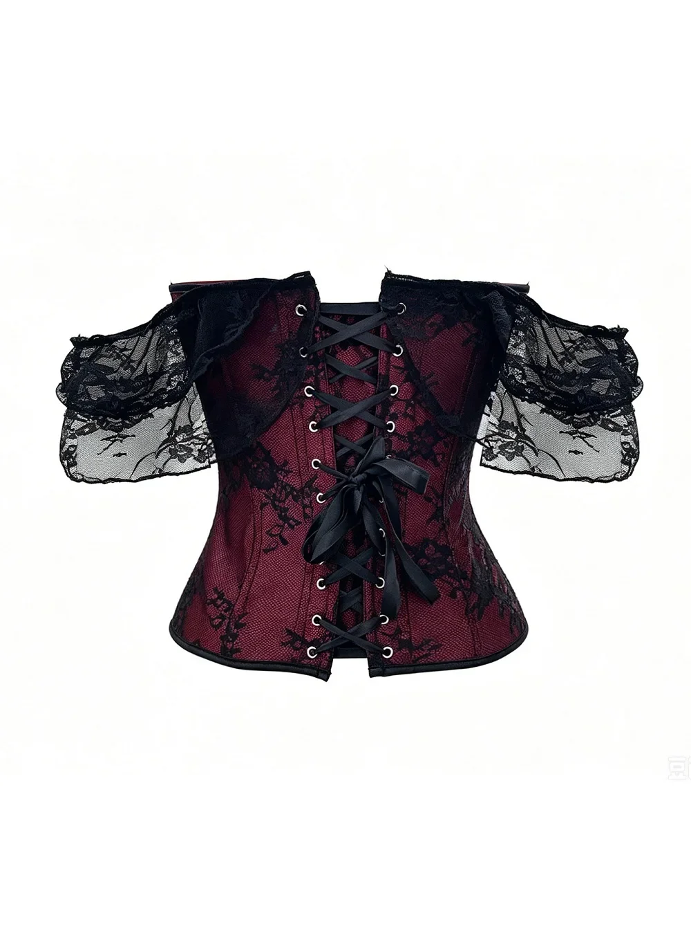 Top corsé de encaje floral con diseño de hombros descubiertos para mujer, con cierre frontal y cordones en la espalda, estilo gótico, ideal para disfraces de Halloween.