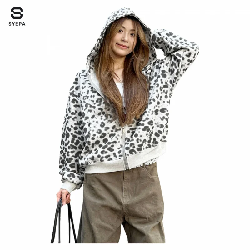 

Толстовка с капюшоном и леопардовым принтом в американском стиле, кардиган унисекс, модная брендовая куртка High Street Design Sense Lazy Style