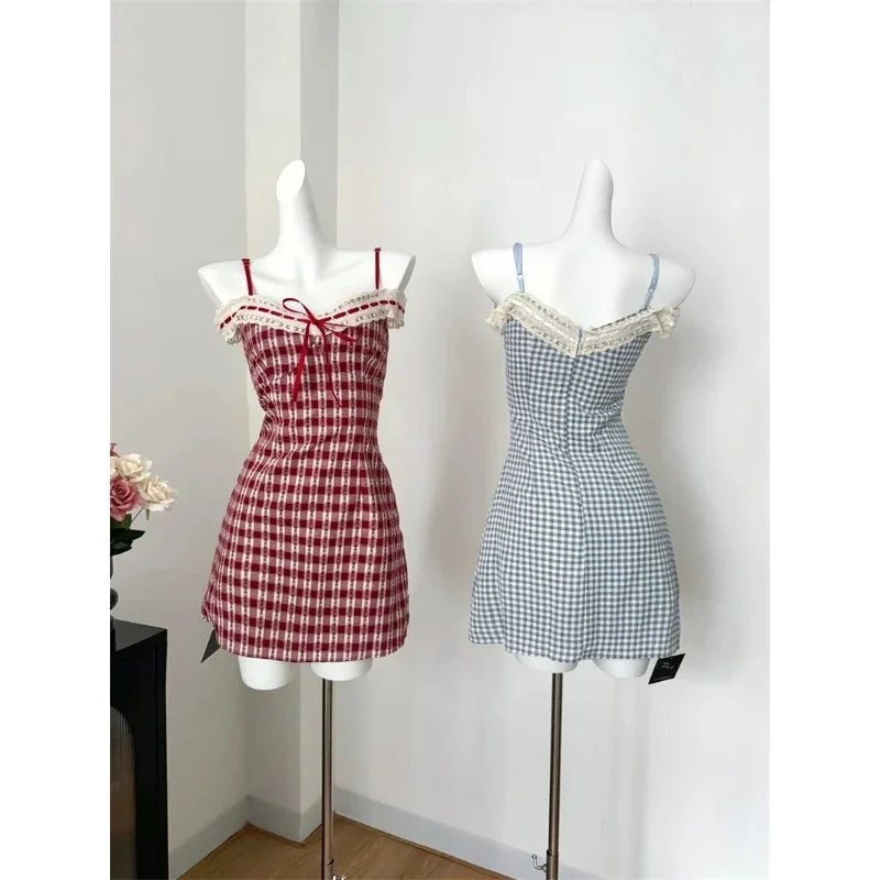 Abito con cinturino Kawaii scozzese giapponese abito da donna in pizzo nuovo coreano Casual Y2K Mini abito femminile con scollo a v a vita alta