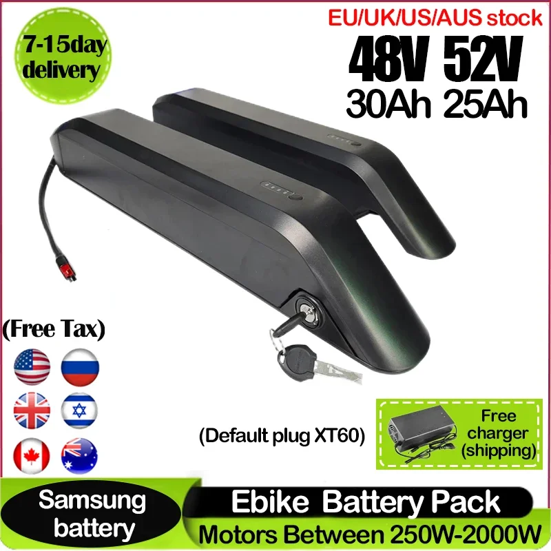 Original 18650 EBike Battery 48V 52V 17.5Ah 20Ah 25Ah 30Ah Polly Hailong Cell Pack for Electric Bicycle 250W 350W 500W Motor