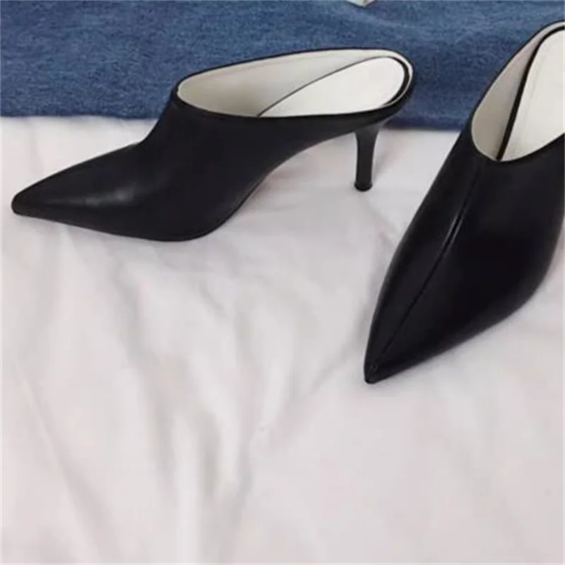 Sewing Lines Shoes for Women Pu Leather Thin High Heels Pointed Toes Female Mules Shallow Zapatos Mujer Solid Chassure Tacones