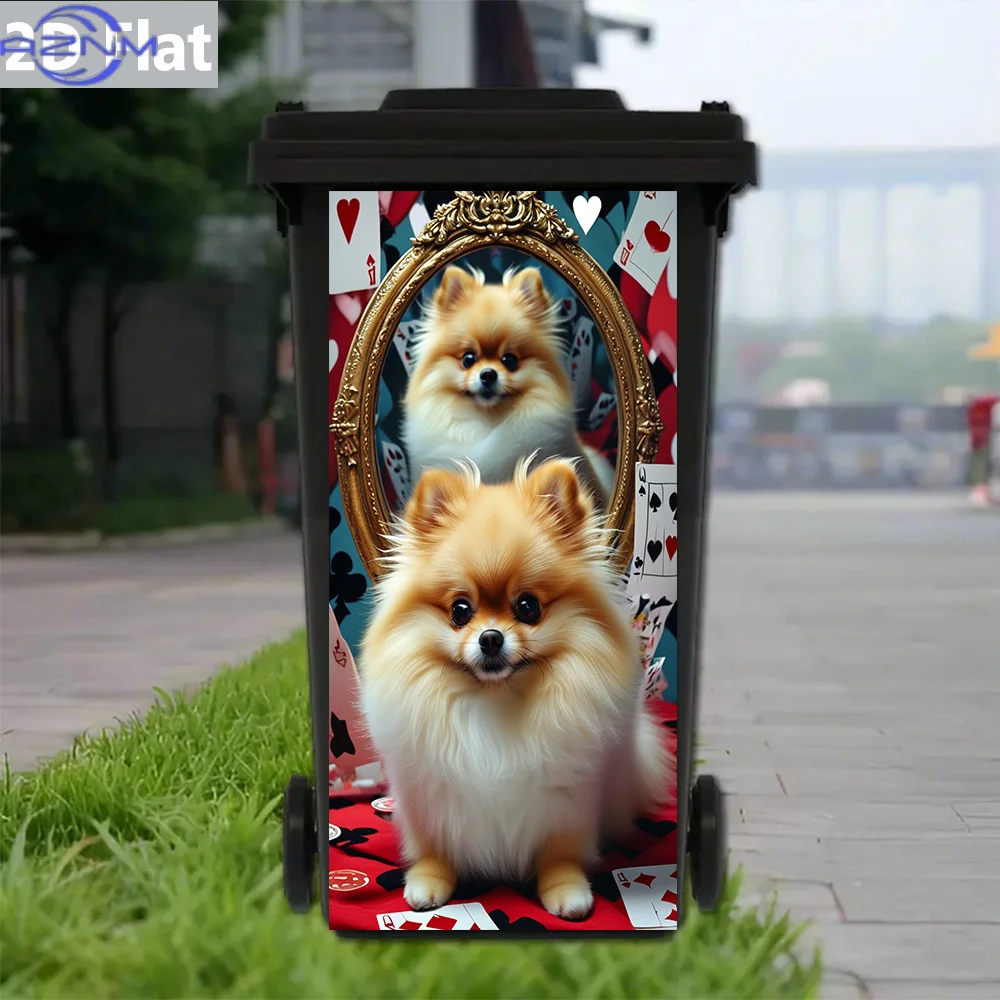 1pc 2D Flat Pomeranian Puppy with Vintage Mirror and Playing Cards Trash Can Sticker – Self-Adhesive Waterproof PVC Decal for