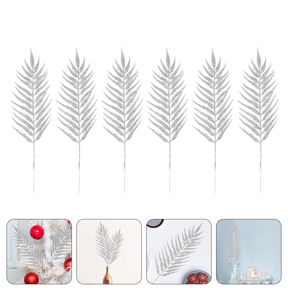 

6pcs Artificial Leaves Hanging Party Xmas Decoration Pvc Fern Wreath Bedroom Wedding Scene Ornament Glittery Green