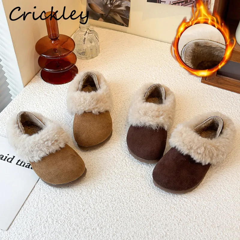 

New Faux Fur Kids Flats Shoes Suede PU Leather Slip On Girls Loafers Winter Plush Warm Non Slip Children Fashion Shoes