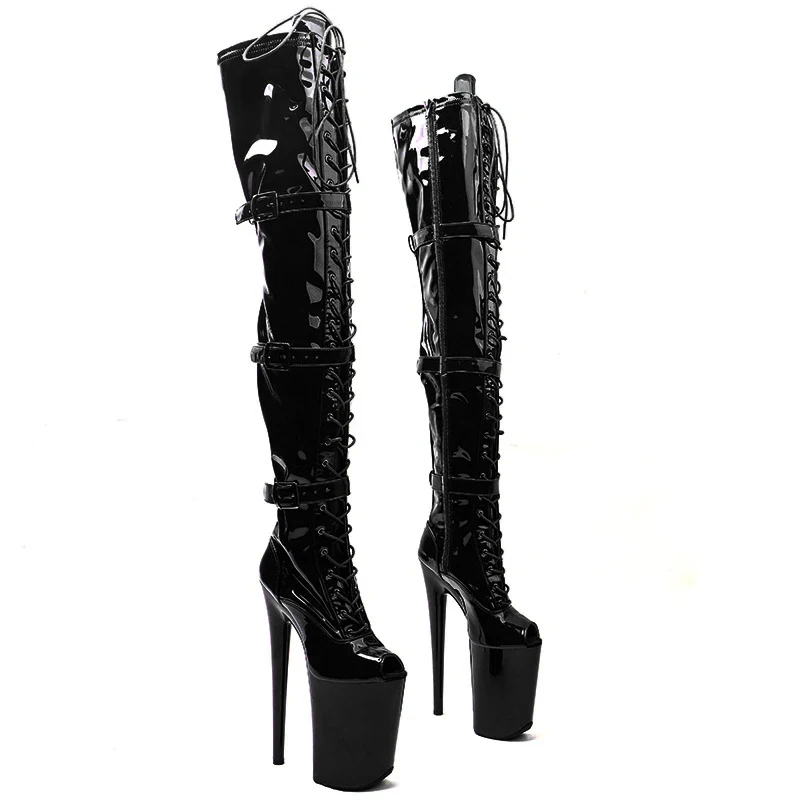 Leecabe 23CM/9inches Patent PU Upper Small Open Toe Trend Fashion High Heel Platform Stripper Heel Pole Dance Boots