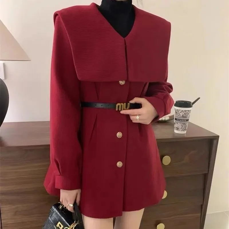 Fashion War Robe Woolen Coat For Women 2024 New Autumn Winter Doll Collar Woolen Blend Jacket Female Red Black Outerwear