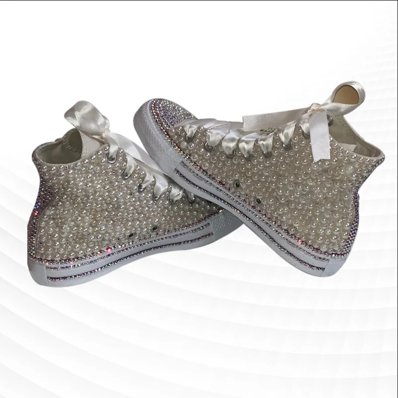 Custom pearl rhinestone sequin lace High top all-fit sports leisure walking canvas shoes for men and women large size 35-46