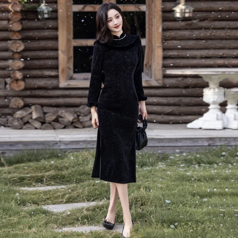 

Yourqipao Winter Black Fleece-Lined Thick Long-Sleeved Cheongsam Retro Traditional Chinese Style Evening Dress Qipao for Women