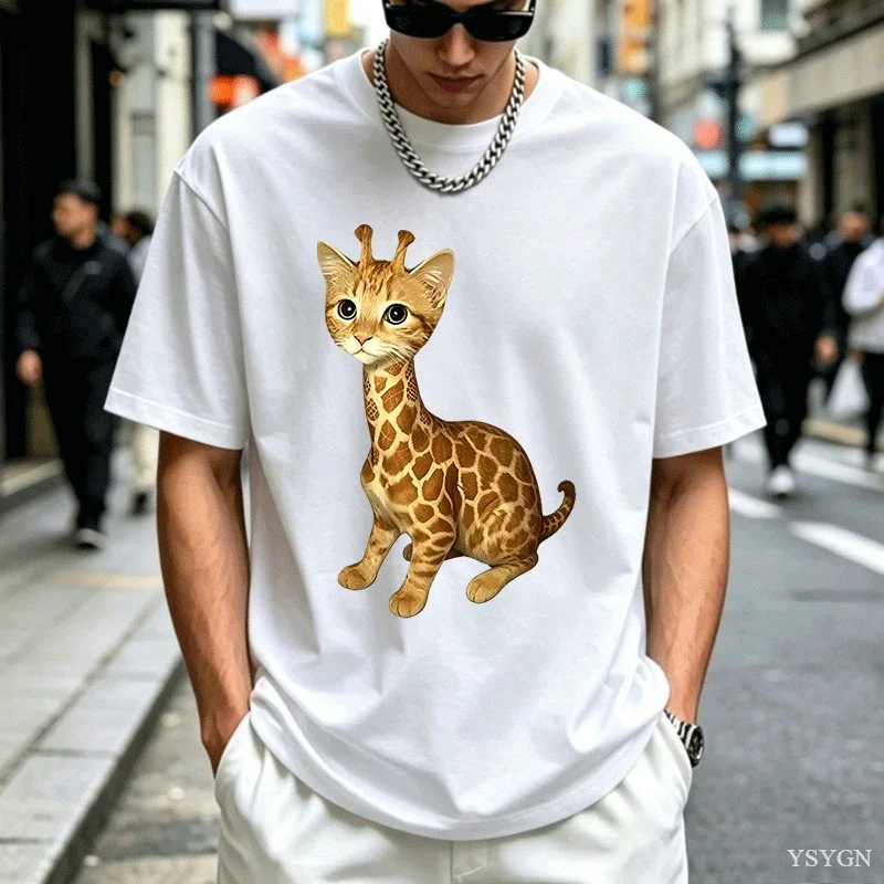 Cute Giraffe Cat Hybrid Mens Crew Neck T Shirt Fantasy Creature Graphic Short Sleeve Tee Animal Lover Casual Male Street Tops