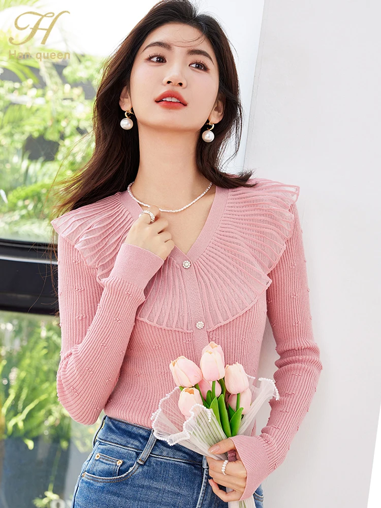 H Han Queen Autumn Winner Fashion Buttons Pullover Sweater Womens Vintage Casual Tops Woman Clothing Chic Basic knitted Sweaters